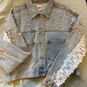 Nordstrom Women's Denim Jacket with Pearl and Lace Accents